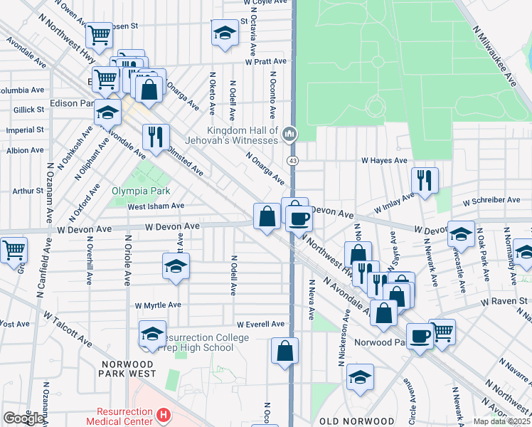 map of restaurants, bars, coffee shops, grocery stores, and more near 6428 North Northwest Highway in Chicago