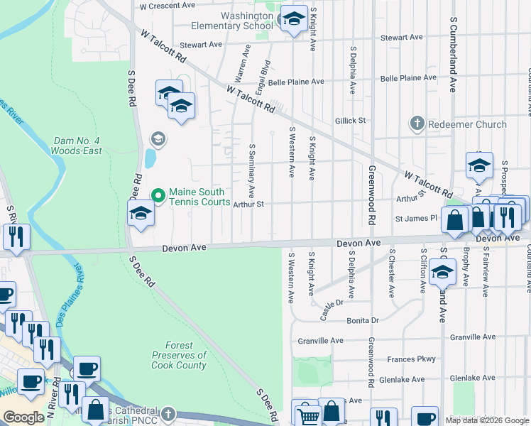 map of restaurants, bars, coffee shops, grocery stores, and more near 1115 South Seminary Avenue in Park Ridge