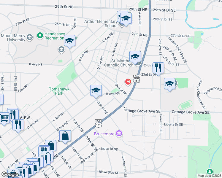 map of restaurants, bars, coffee shops, grocery stores, and more near 2041 B Avenue Northeast in Cedar Rapids