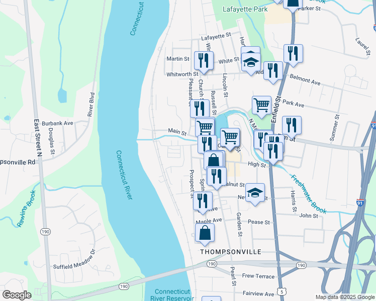 map of restaurants, bars, coffee shops, grocery stores, and more near 22 Prospect Street in Enfield
