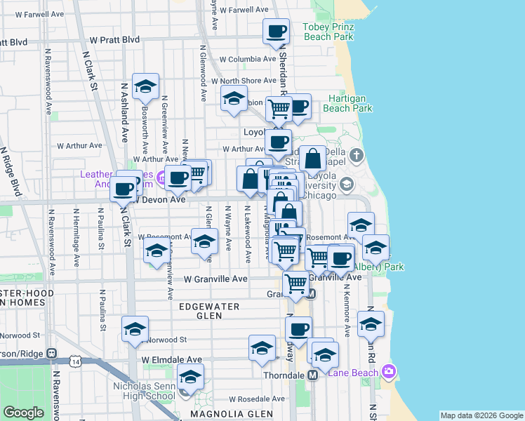 map of restaurants, bars, coffee shops, grocery stores, and more near 6340 North Magnolia Avenue in Chicago