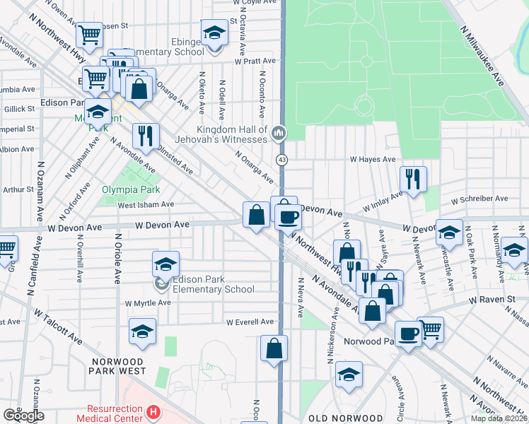 map of restaurants, bars, coffee shops, grocery stores, and more near W Devon Ave & N Northwest Hwy in Chicago
