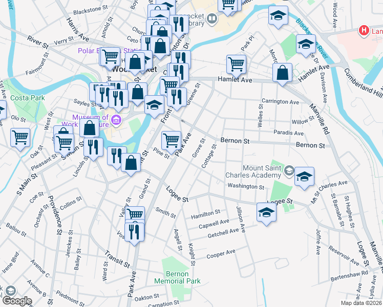 map of restaurants, bars, coffee shops, grocery stores, and more near 391 Grove Street in Woonsocket