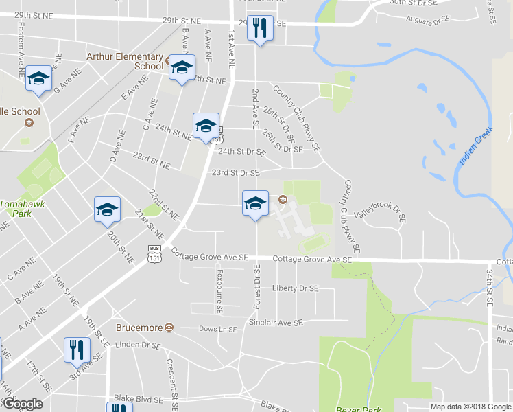 map of restaurants, bars, coffee shops, grocery stores, and more near 214 Thompson Drive Southeast in Cedar Rapids