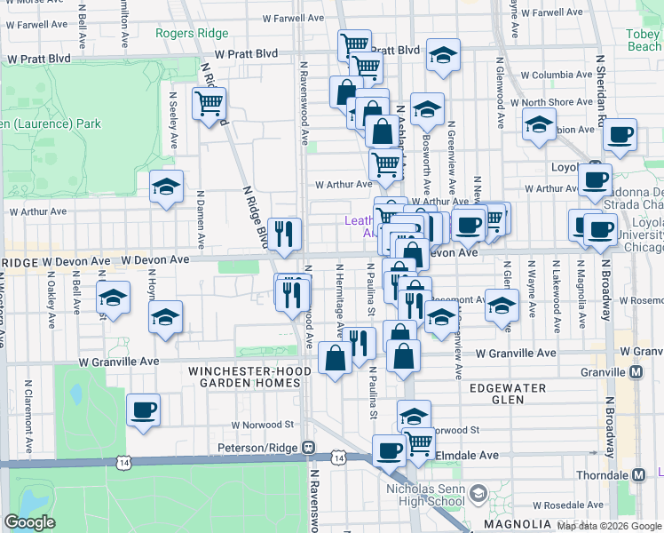 map of restaurants, bars, coffee shops, grocery stores, and more near 6346 North Hermitage Avenue in Chicago