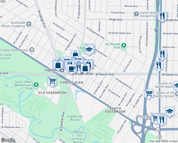 map of restaurants, bars, coffee shops, grocery stores, and more near 5261 West Devon Avenue in Chicago