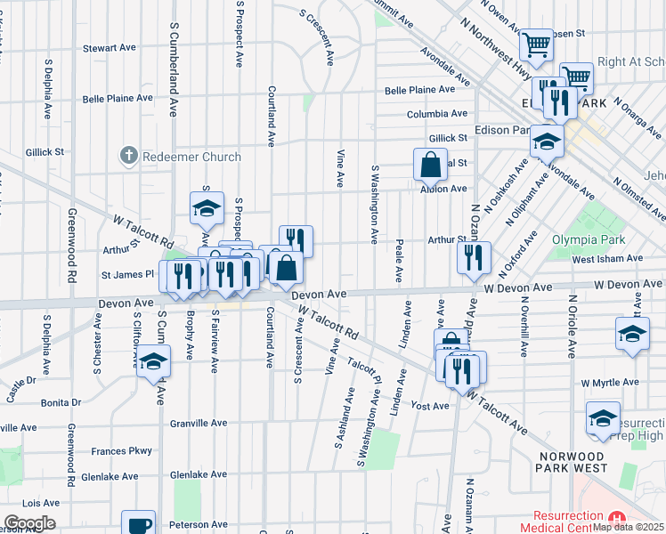 map of restaurants, bars, coffee shops, grocery stores, and more near 1122 Vine Avenue in Park Ridge