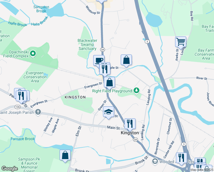 map of restaurants, bars, coffee shops, grocery stores, and more near 55 Summer Street in Kingston