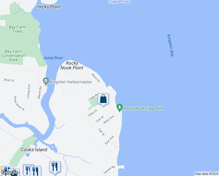 map of restaurants, bars, coffee shops, grocery stores, and more near 67 Shore Drive in Kingston