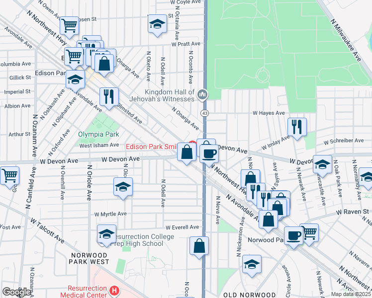 map of restaurants, bars, coffee shops, grocery stores, and more near 7240 West Devon Avenue in Chicago