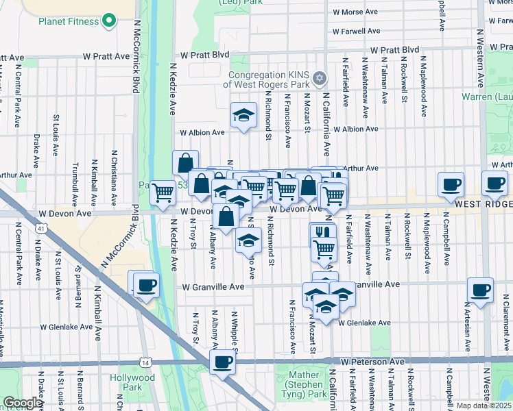 map of restaurants, bars, coffee shops, grocery stores, and more near in Chicago