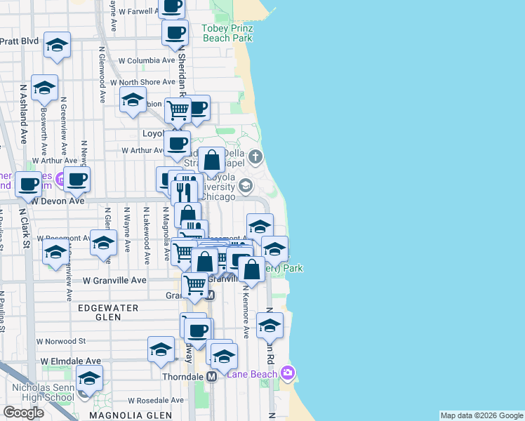 map of restaurants, bars, coffee shops, grocery stores, and more near 6336 North Sheridan Road in Chicago