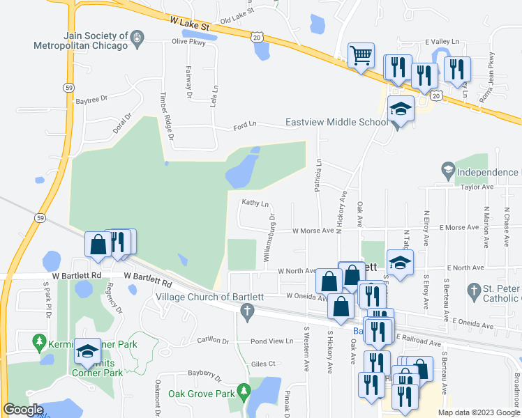 map of restaurants, bars, coffee shops, grocery stores, and more near 551 Kathy Lane in Bartlett