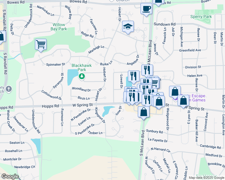 map of restaurants, bars, coffee shops, grocery stores, and more near 406 Sandhurst Lane in South Elgin