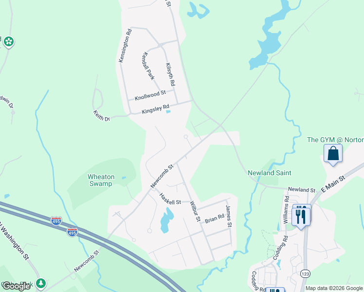 map of restaurants, bars, coffee shops, grocery stores, and more near 95 Newcomb Street in Norton