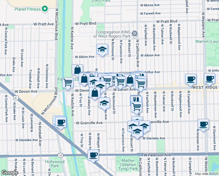map of restaurants, bars, coffee shops, grocery stores, and more near in Chicago