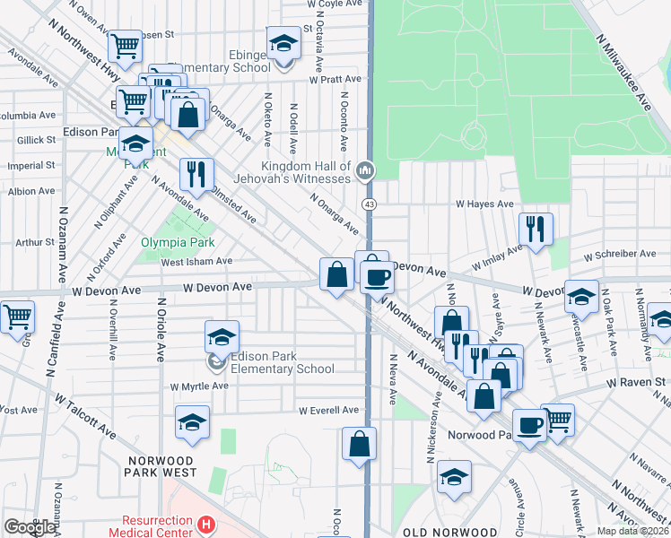 map of restaurants, bars, coffee shops, grocery stores, and more near 6448 North Northwest Highway in Chicago