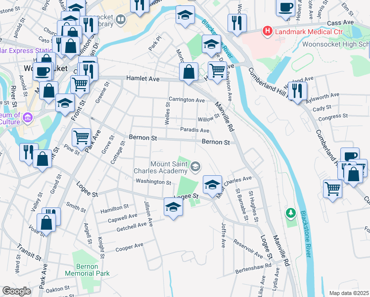 map of restaurants, bars, coffee shops, grocery stores, and more near 245 Roberts Street in Woonsocket