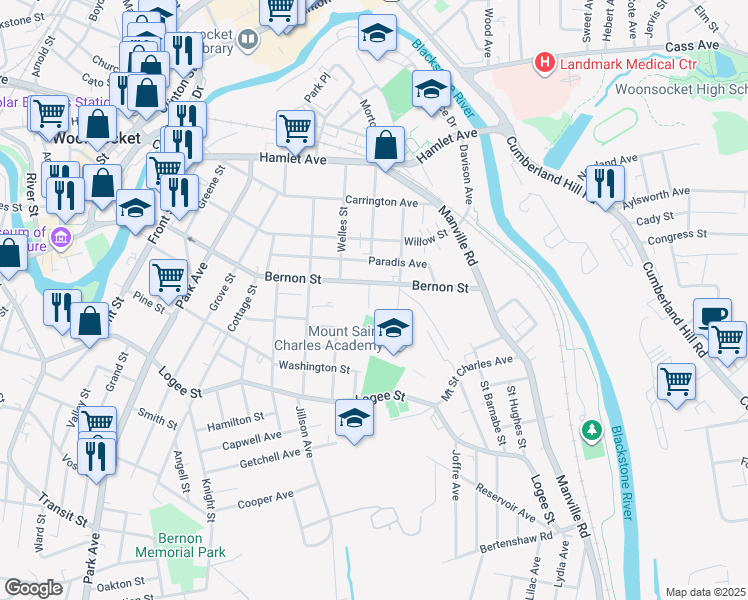map of restaurants, bars, coffee shops, grocery stores, and more near 78 Saint Joseph Street in Woonsocket
