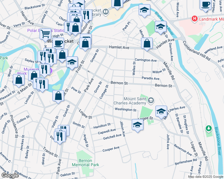map of restaurants, bars, coffee shops, grocery stores, and more near 39 Unity Street in Woonsocket