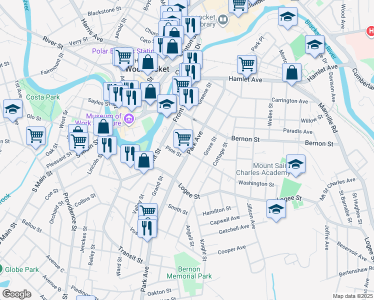 map of restaurants, bars, coffee shops, grocery stores, and more near 25 Crawford Street in Woonsocket