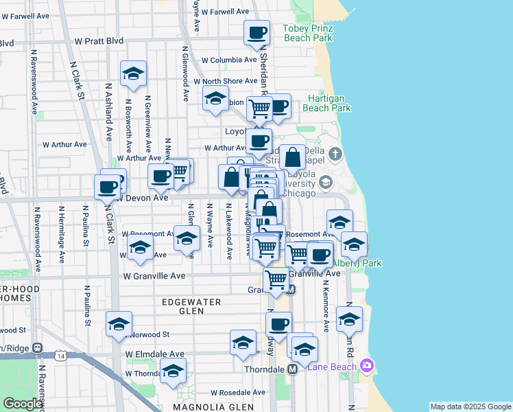 map of restaurants, bars, coffee shops, grocery stores, and more near 6321 North Magnolia Avenue in Chicago