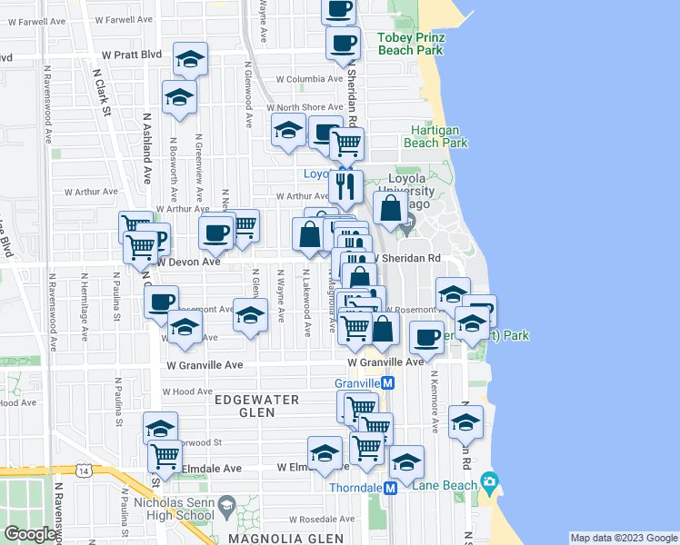 map of restaurants, bars, coffee shops, grocery stores, and more near 6321 North Magnolia Avenue in Chicago