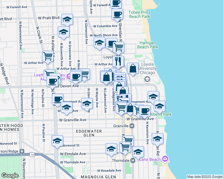map of restaurants, bars, coffee shops, grocery stores, and more near 6321 North Magnolia Avenue in Chicago