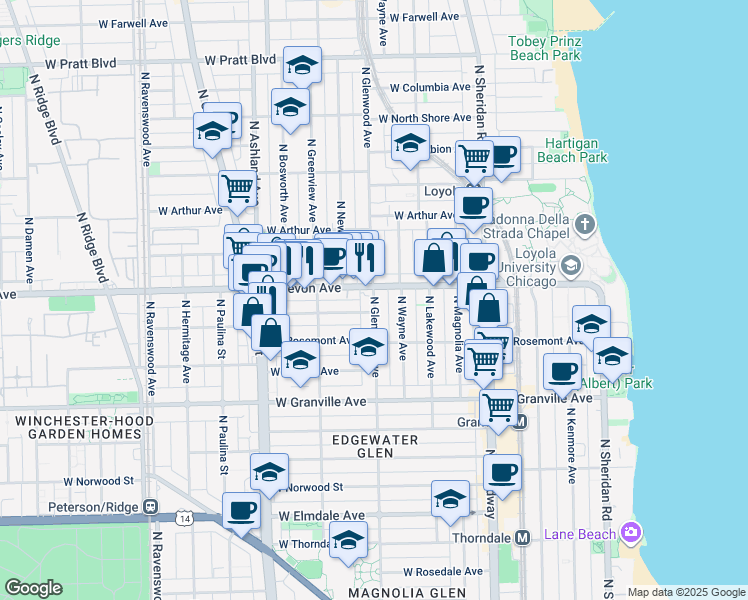 map of restaurants, bars, coffee shops, grocery stores, and more near 1417 West Highland Avenue in Chicago