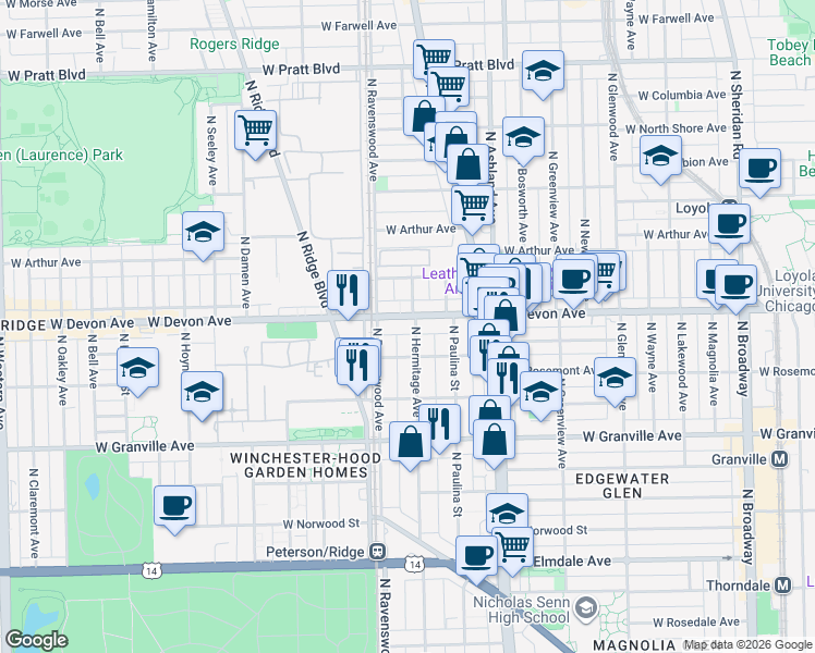 map of restaurants, bars, coffee shops, grocery stores, and more near 6346 North Hermitage Avenue in Chicago