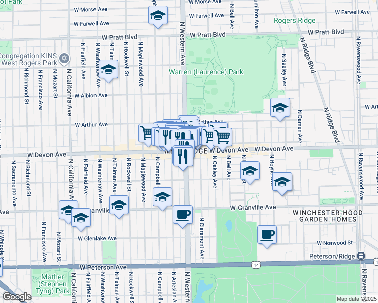 map of restaurants, bars, coffee shops, grocery stores, and more near 6312 North Western Avenue in Chicago