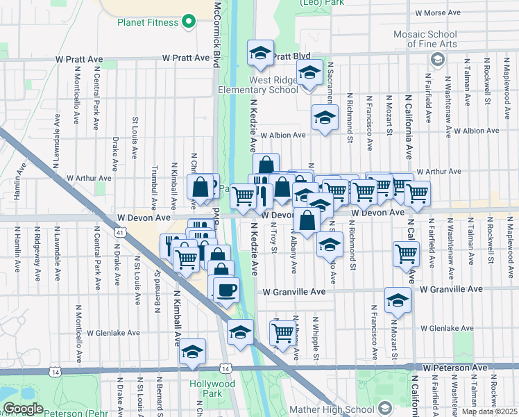 map of restaurants, bars, coffee shops, grocery stores, and more near 6344 North Kedzie Avenue in Chicago