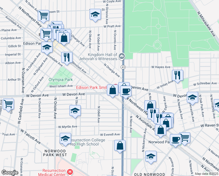 map of restaurants, bars, coffee shops, grocery stores, and more near 6428 North Northwest Highway in Chicago