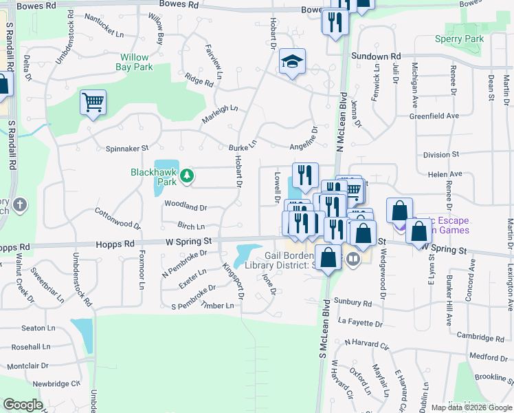 map of restaurants, bars, coffee shops, grocery stores, and more near 11 Kingsport Court in South Elgin