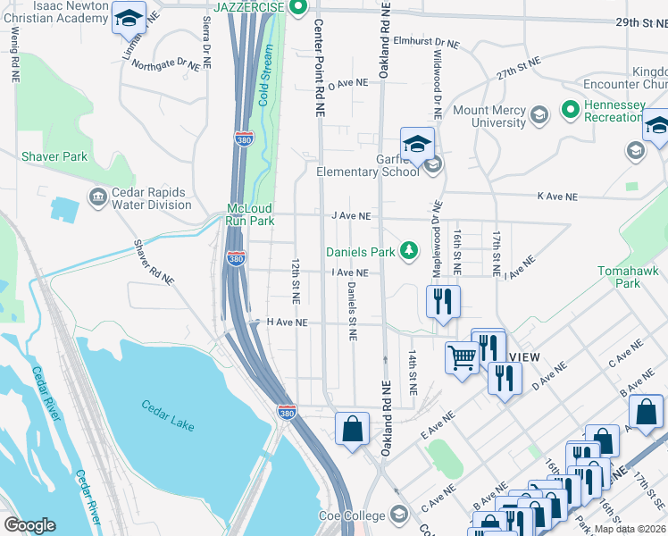 map of restaurants, bars, coffee shops, grocery stores, and more near 946 Center Point Road Northeast in Cedar Rapids