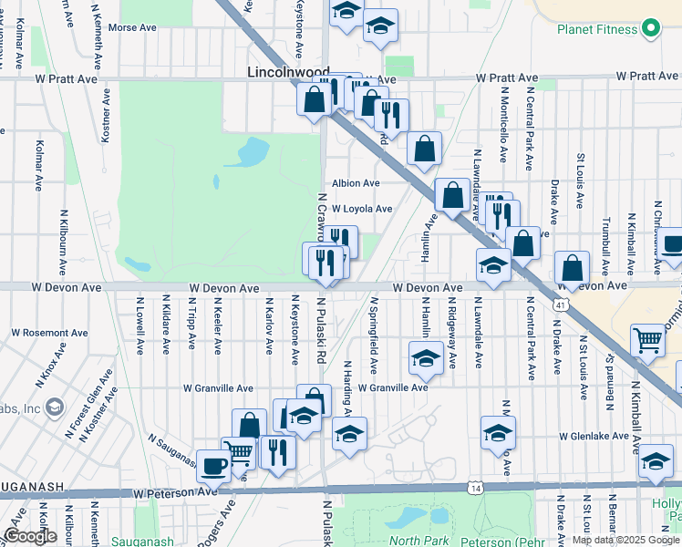 map of restaurants, bars, coffee shops, grocery stores, and more near 3927 West Devon Avenue in Lincolnwood