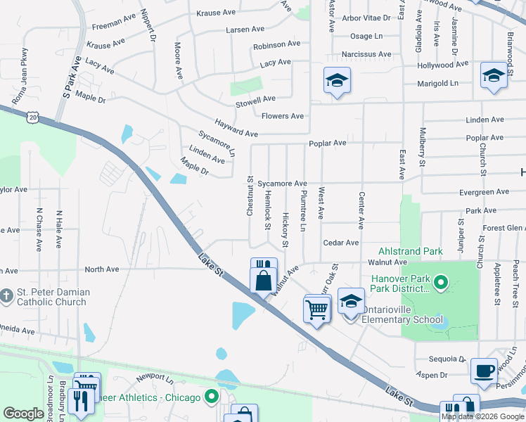 map of restaurants, bars, coffee shops, grocery stores, and more near 6879 Hemlock Street in Hanover Park