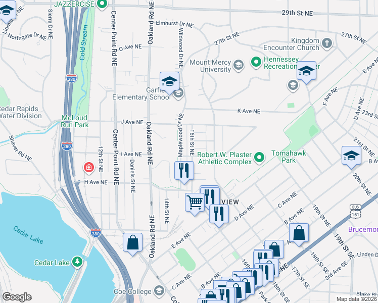 map of restaurants, bars, coffee shops, grocery stores, and more near 974-998 16th Street Northeast in Cedar Rapids