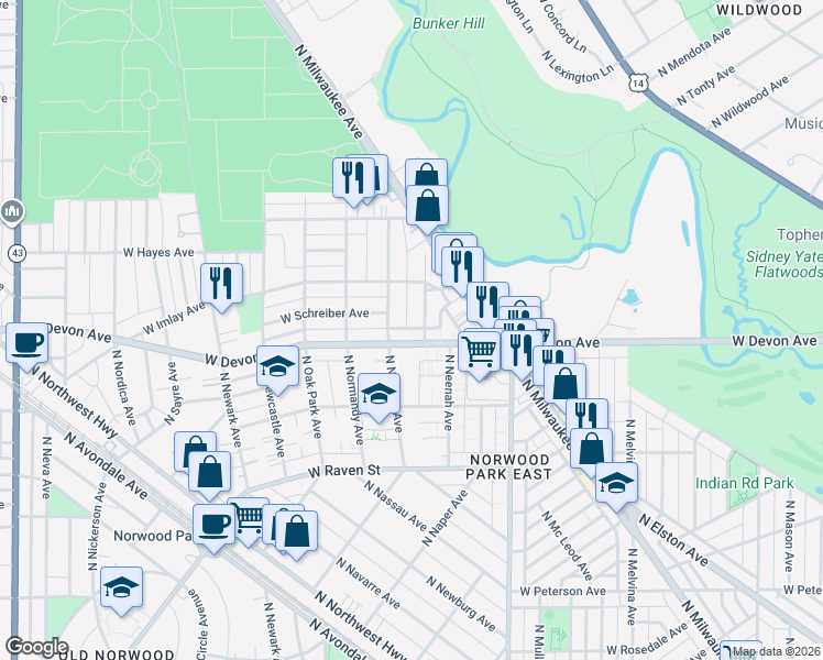 map of restaurants, bars, coffee shops, grocery stores, and more near 6544 West Devon Avenue in Chicago