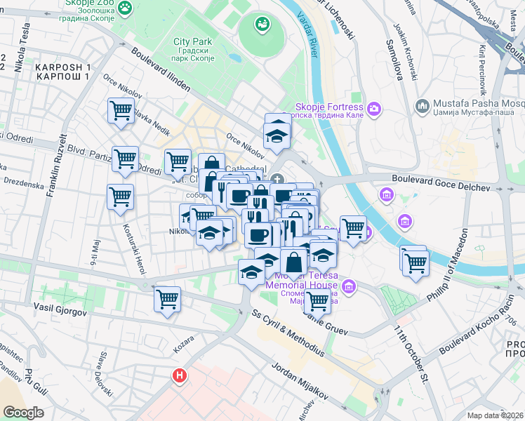 map of restaurants, bars, coffee shops, grocery stores, and more near Bulevar Partizanski Odredi in Skopje