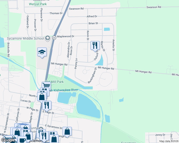 map of restaurants, bars, coffee shops, grocery stores, and more near 927 Arvle Circle in Sycamore