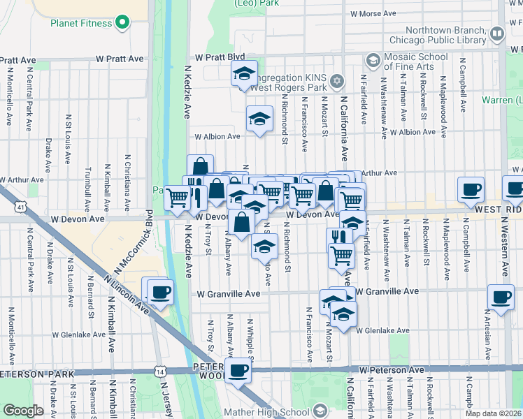 map of restaurants, bars, coffee shops, grocery stores, and more near in Chicago