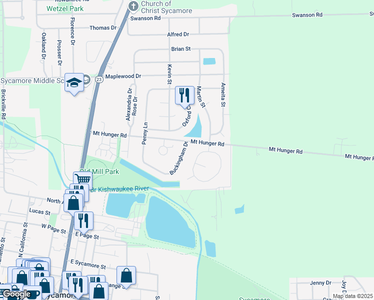 map of restaurants, bars, coffee shops, grocery stores, and more near 977 Buckingham Drive in Sycamore
