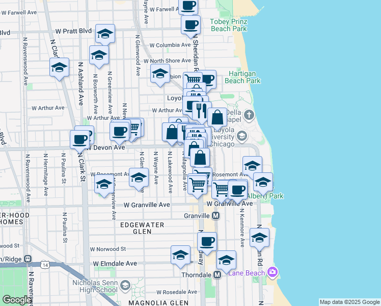 map of restaurants, bars, coffee shops, grocery stores, and more near 6414 North Magnolia Avenue in Chicago