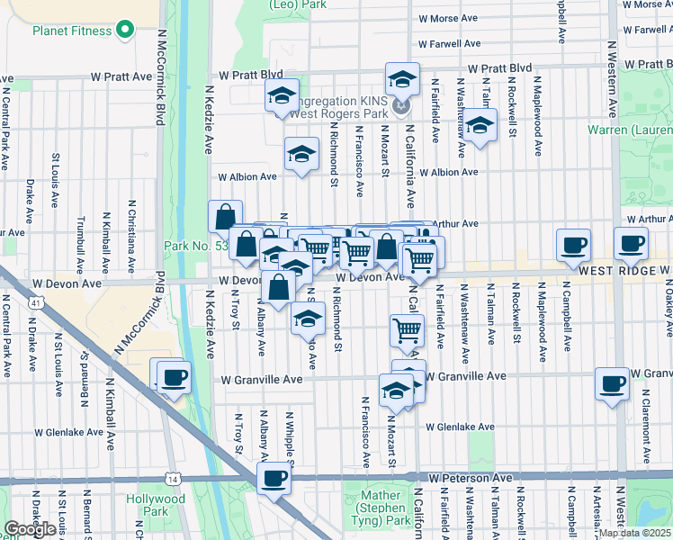 map of restaurants, bars, coffee shops, grocery stores, and more near 6415 North Richmond Street in Chicago