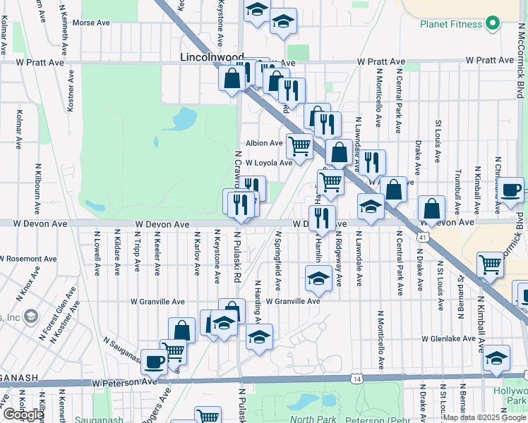 map of restaurants, bars, coffee shops, grocery stores, and more near 6442 North Proesel Avenue in Lincolnwood