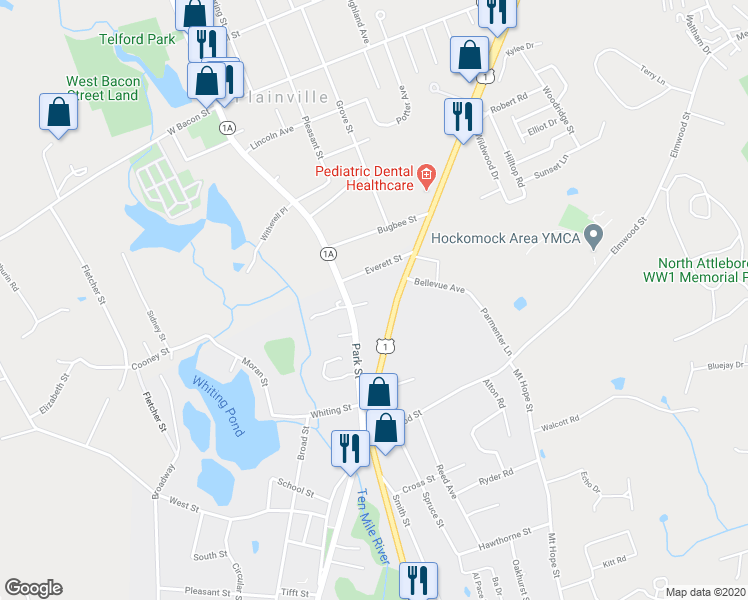 map of restaurants, bars, coffee shops, grocery stores, and more near 243 Park Street in North Attleborough
