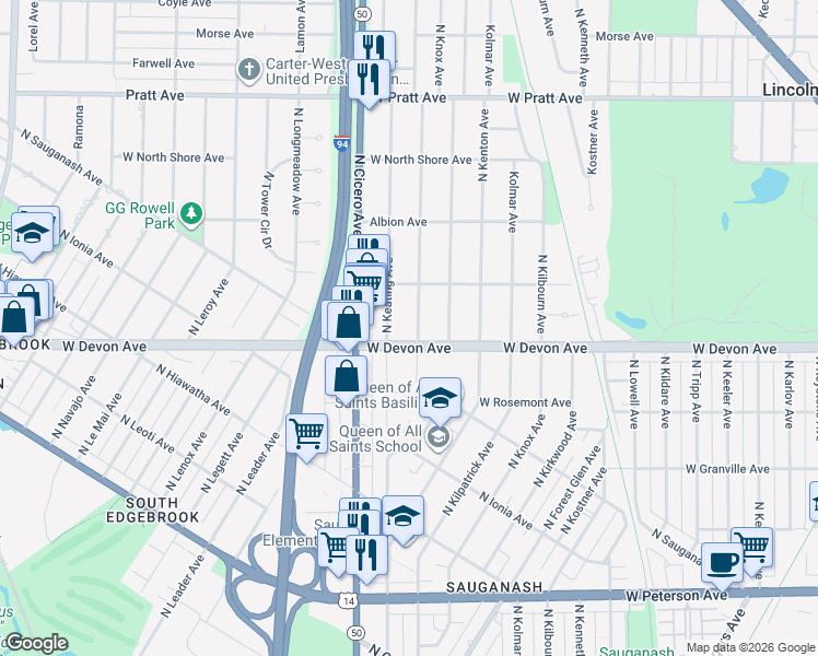 map of restaurants, bars, coffee shops, grocery stores, and more near 6437 North Keating Avenue in Lincolnwood