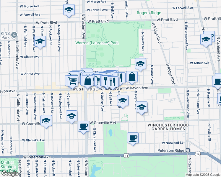 map of restaurants, bars, coffee shops, grocery stores, and more near W Devon Ave & N Bell Ave in Chicago