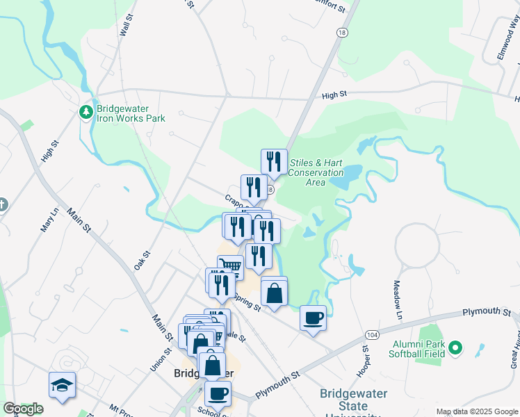 map of restaurants, bars, coffee shops, grocery stores, and more near 300 Broad Street in Bridgewater